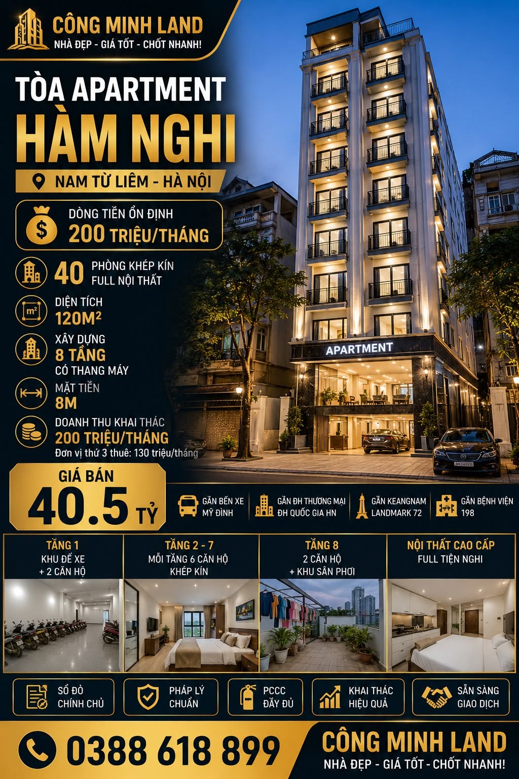 BÁN TÒA APARTMENT HÀM NGHI - NAM TỪ LIÊM - 40 PHÒNG - DT 200 TR/TH - 120M2 - 8 TẦNG - MT 8M - 40.5 TỶ