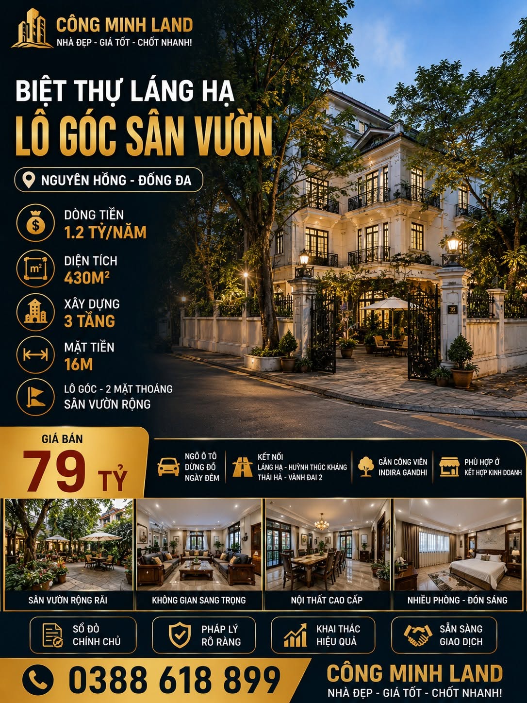 BÁN BIỆT THỰ LÁNG HẠ - ĐỐNG ĐA - LÔ GÓC - Ô TÔ - 430 M2 - MT 16M - XÂY BUILDING 9 TẦNG KD ĐỈNH - 79 TỶ