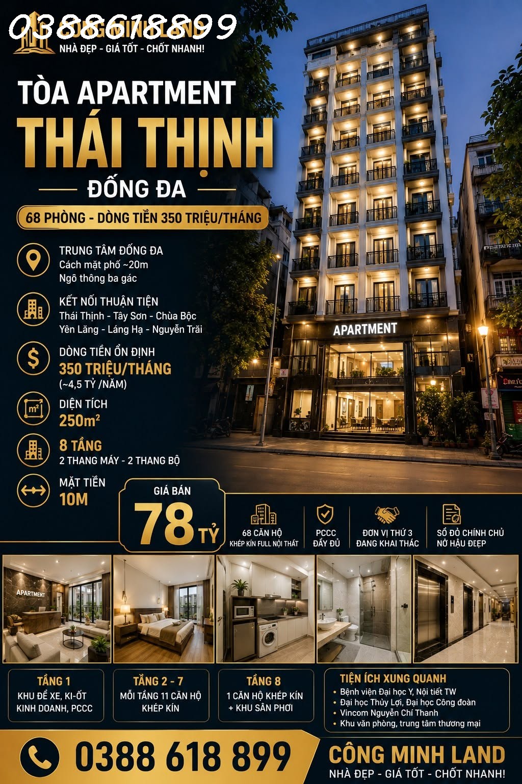 BÁN TÒA APARTMENT THÁI THỊNH - ĐỐNG ĐA - 68 PHÒNG - DT 350 TR/TH - 250M2 - 8 TẦNG - MT 10M - 78 TỶ