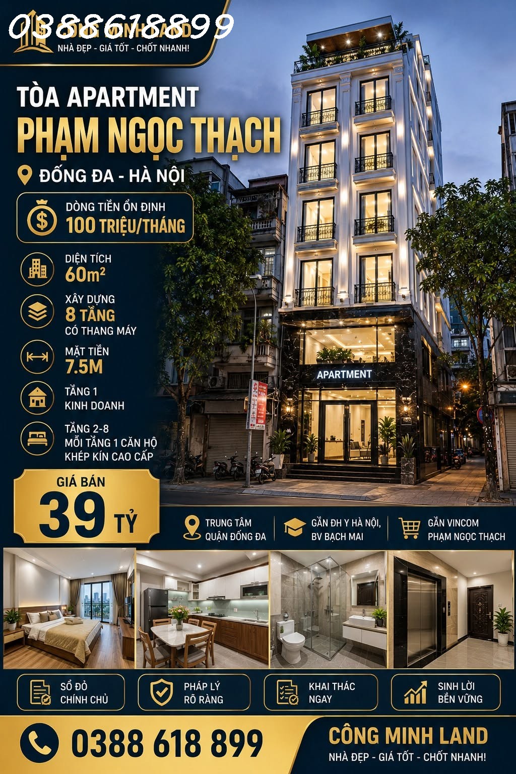 BÁN TÒA APARTMENT PHẠM NGỌC THẠCH - ĐỐNG ĐA - DT 100 TR/TH - 60M2 - 8 TẦNG - MT 7.5M - 39 TỶ