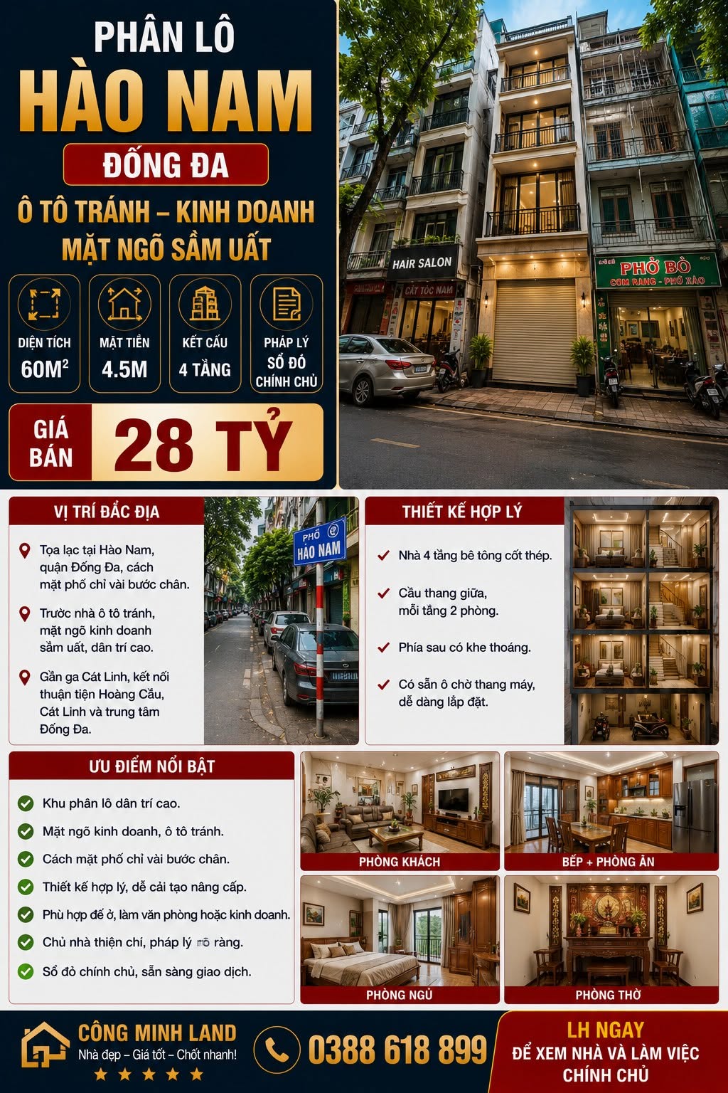 BÁN NHÀ PHÂN LÔ HÀO NAM - ĐỐNG ĐA - Ô TÔ TRÁNH - KINH DOANH - 60M² - 4 TẦNG - MT 4.5M - 28 TỶ