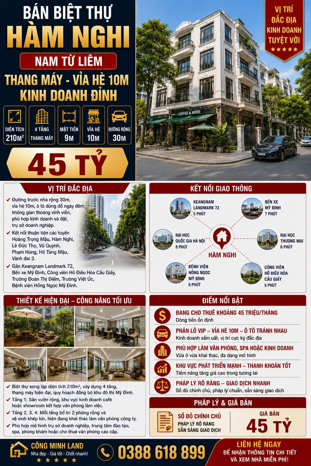 BÁN BIỆT THỰ HÀM NGHI - NAM TỪ LIÊM - THANG MÁY, VỈA HÈ 10M, KINH DOANH ĐỈNH - 210M2 - 4 TẦNG - MT 9M - 45 TỶ