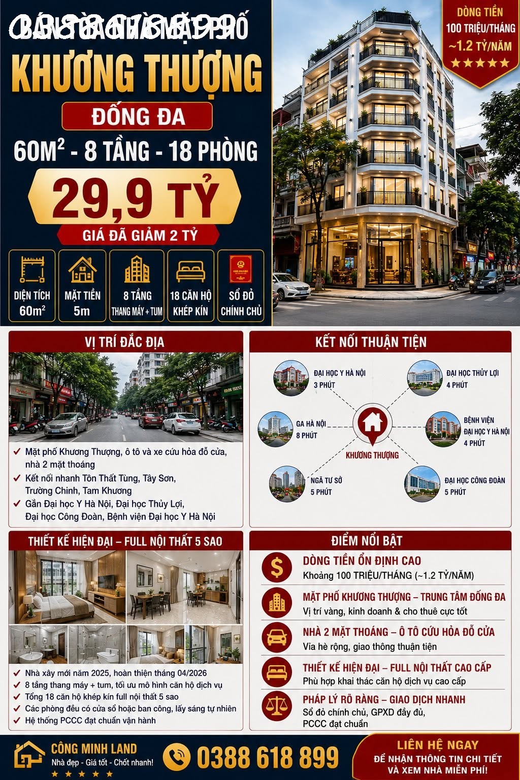 BÁN TÒA NHÀ MẶT PHỐ KHƯƠNG THƯỢNG - ĐỐNG ĐA - 60M² - 8 TẦNG - 18 PHÒNG - 29,9 TỶ