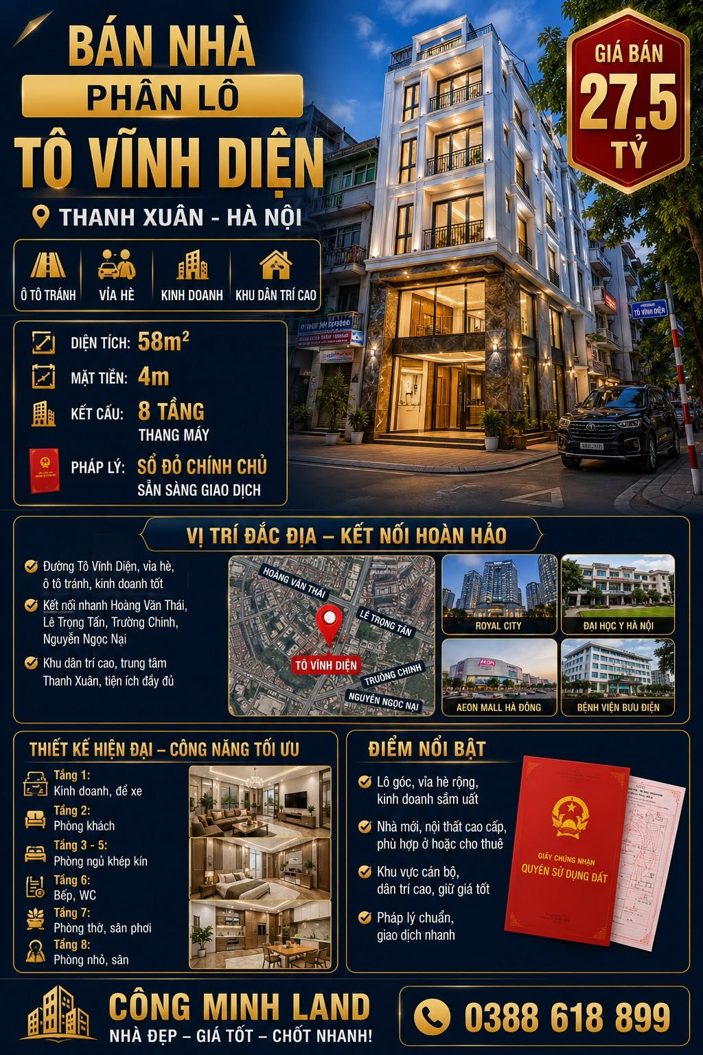 BÁN NHÀ PHÂN LÔ TÔ VĨNH DIỆN - THANH XUÂN - 58M² - 8 TẦNG THANG MÁY - Ô TÔ TRÁNH - 27.5 TỶ