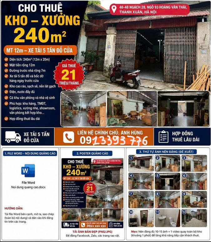Cho thuê, văn phòng, kho ngõ 93, Hoàng Văn Thái, Phường Khương Đình, Quận Thanh Xuân, Hà Nội