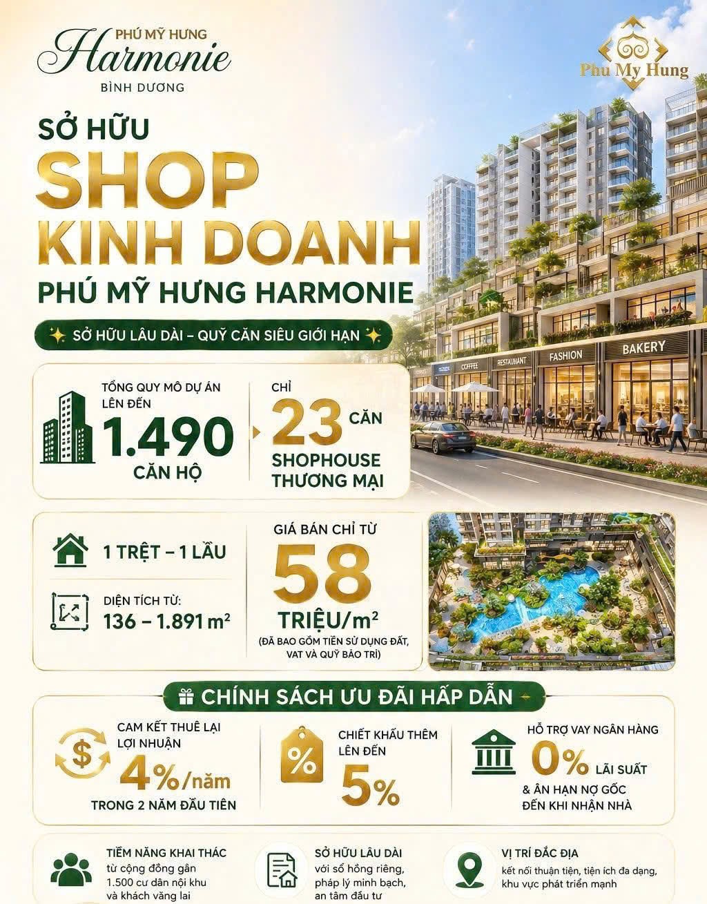 Bán Shophouse dự án Harmonie Phú Mỹ Hưng. Cam kêt thuê lại 8% trừ vào giá. Trả trước 20%, Vay 0% LS