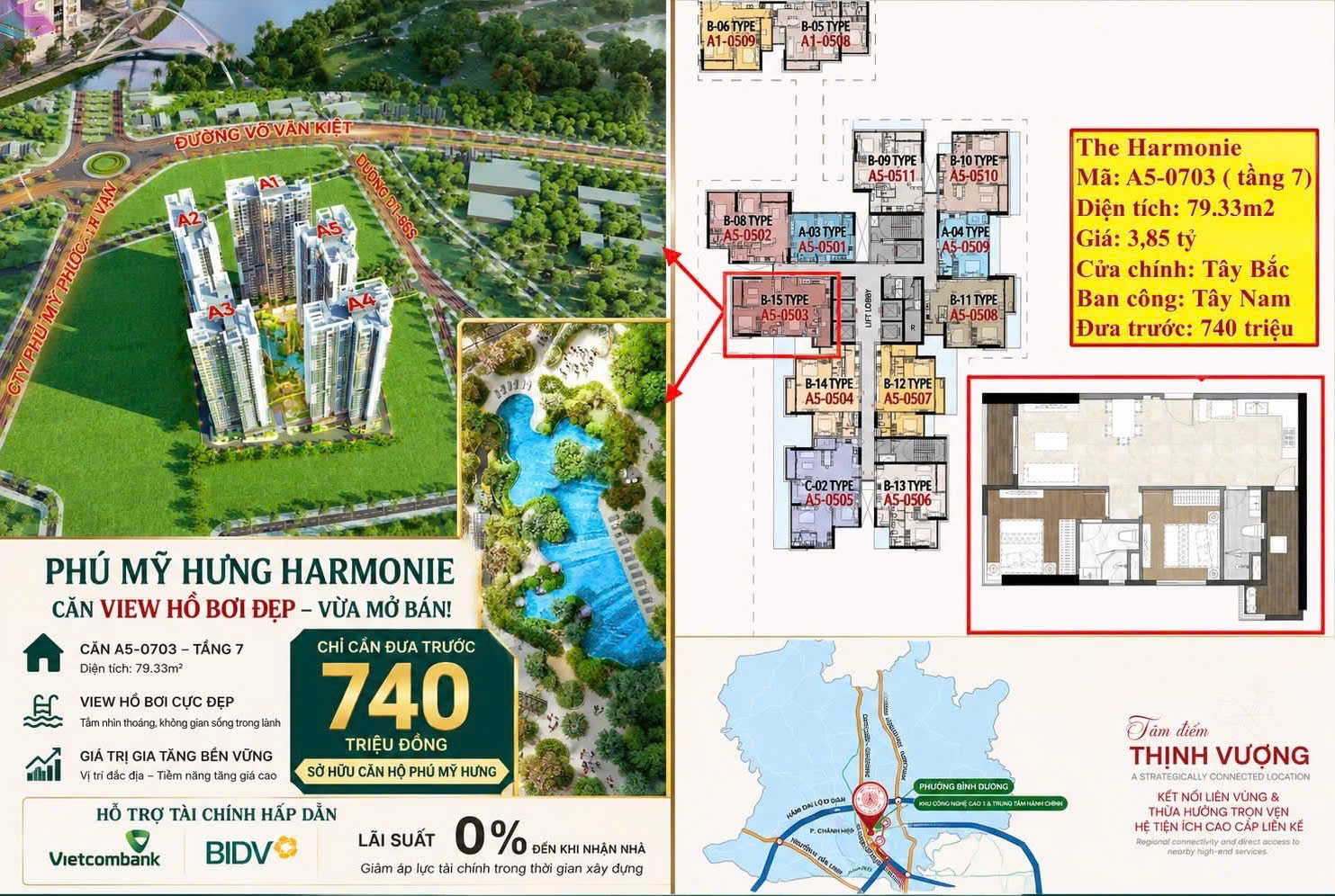 Chỉ từ 740tr sở hữu ngay căn hộ 2PN - 79m2 tại Phú Mỹ Hưng Harmonie
