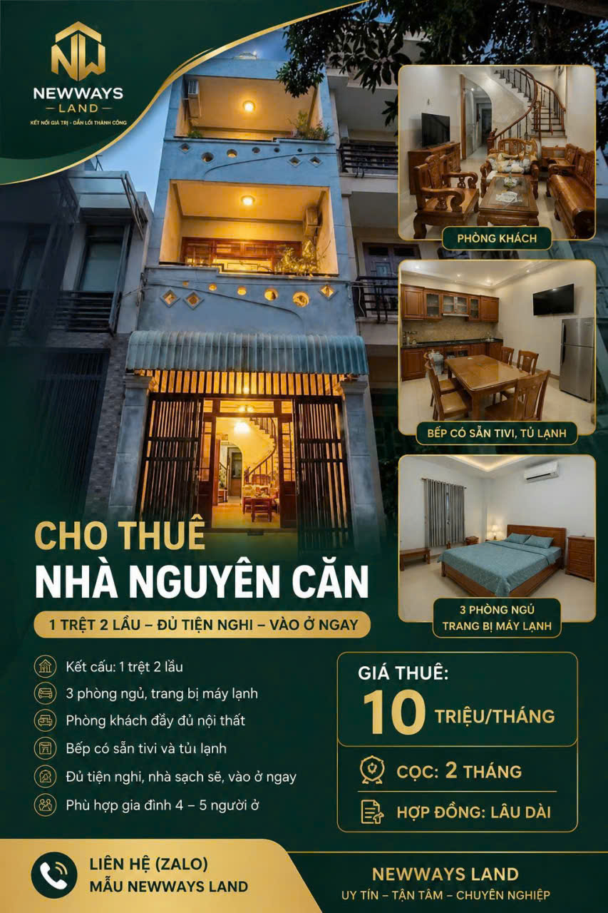 CHO THUÊ NHÀ NGUYÊN CĂN FULL NỘI THẤT – DỌN VÀO Ở NGAY