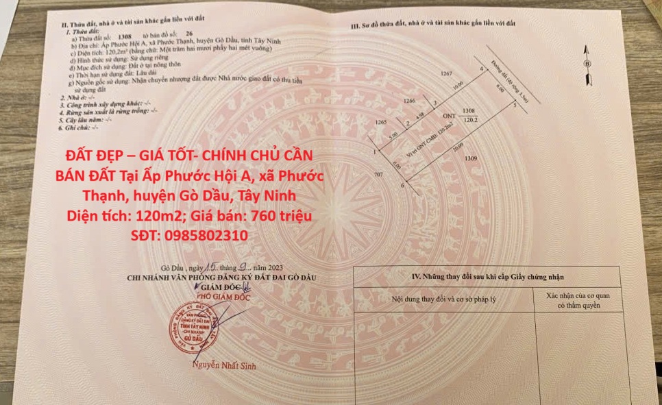 ĐẤT ĐẸP – GIÁ TỐT- CHÍNH CHỦ CẦN BÁN ĐẤT Tại Ấp Phước Hội A, xã Phước Thạnh, huyện Gò Dầu, Tây Ninh