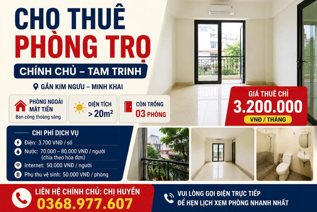 CHO THUÊ PHÒNG TRỌ CHÍNH CHỦ - PHỐ TAM TRINH (GẦN KIM NGƯU, MINH KHAI) còn trống 03 phòng