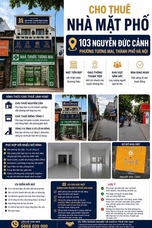 🏢 CHO THUÊ NHÀ MẶT PHỐ 103 Nguyễn Đức Cảnh, P. Tương Mai, TP. Hà Nội; 0868 020 000-1