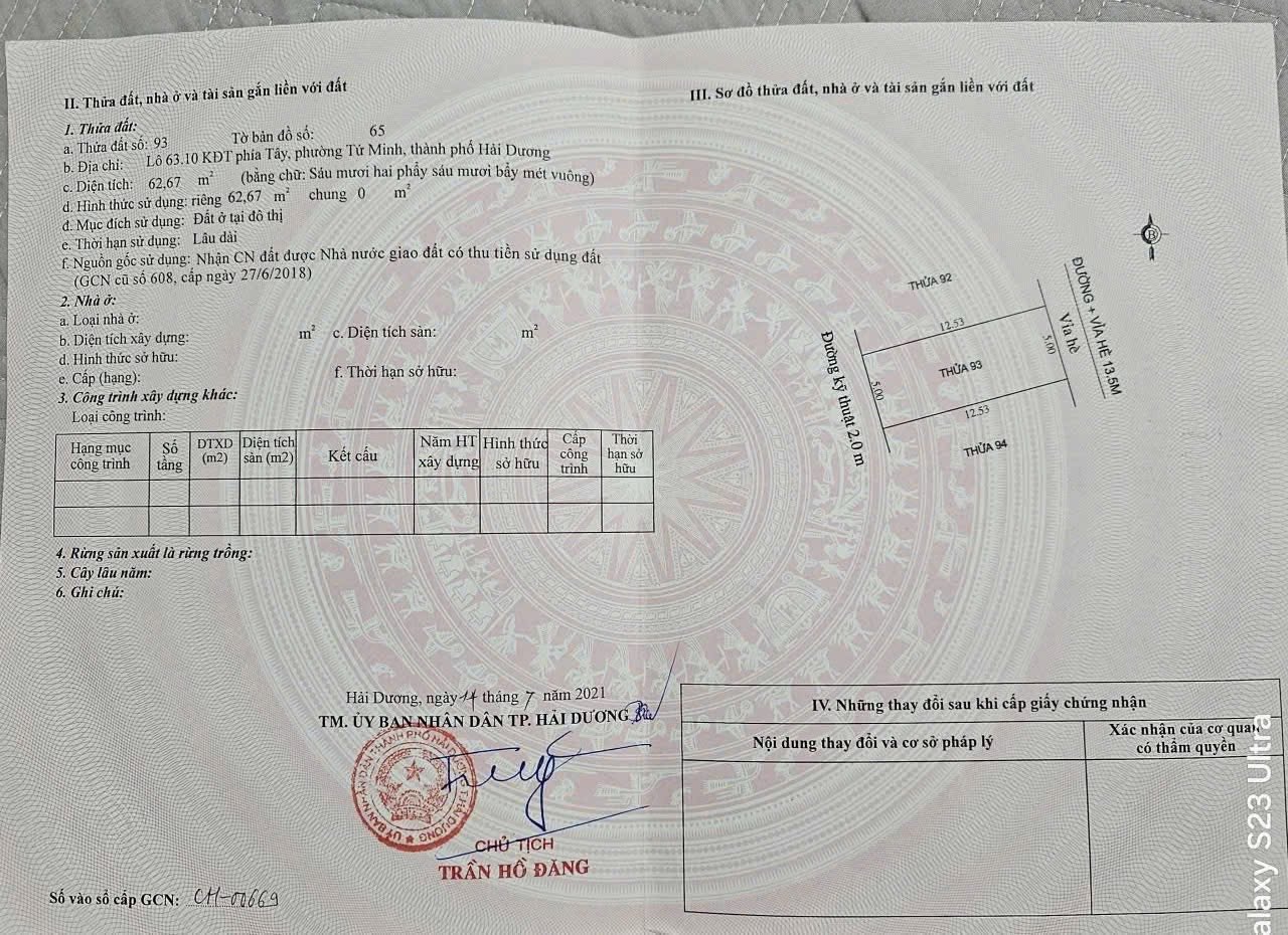 Bán đất mặt phố Nguyễn Thiện, Tây Nam Cường, TP Hải Dương, 62.67m2, mt 5m, đường 13.5m, giá tốt