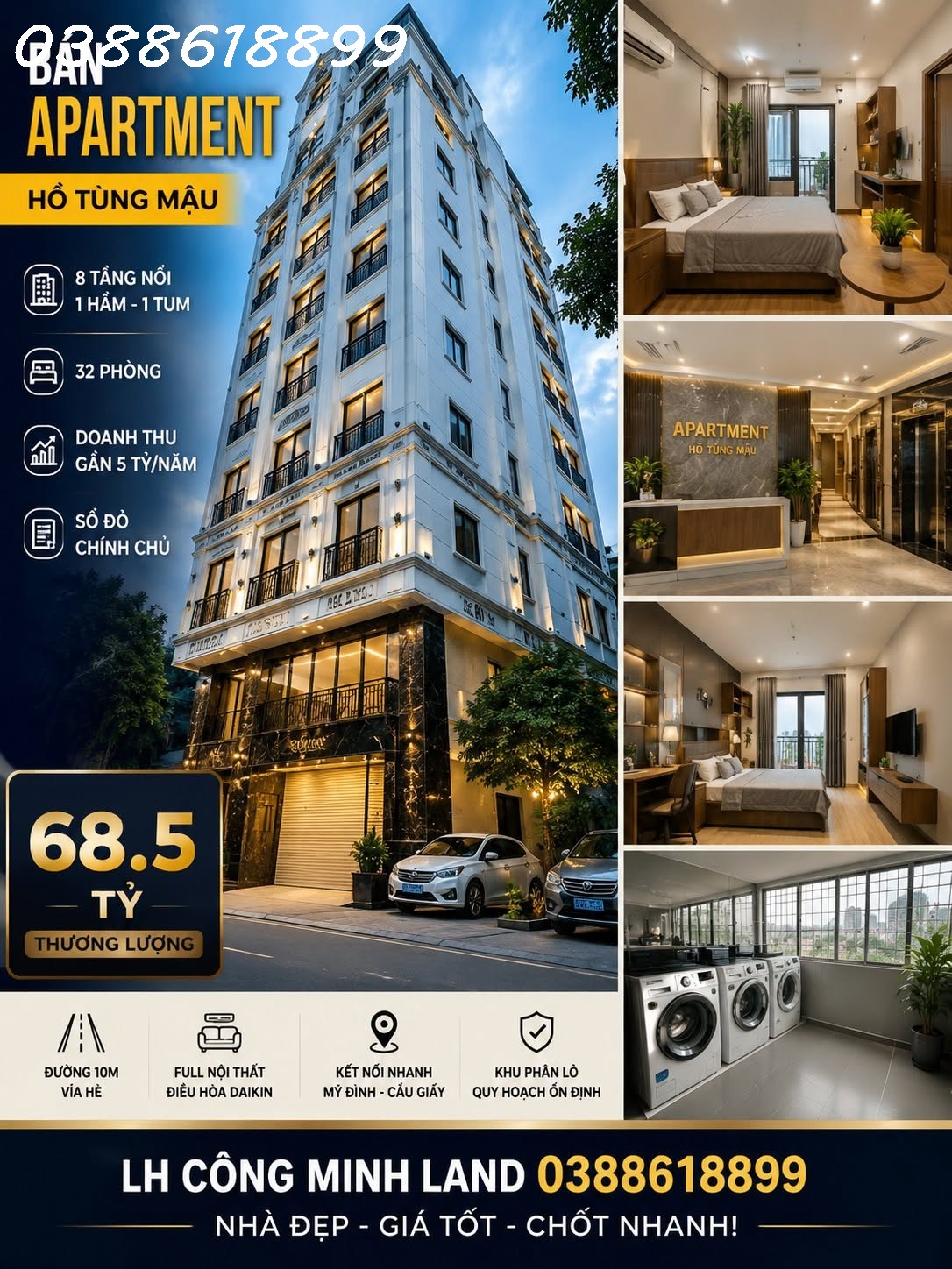 BÁN APARTMENT HỒ TÙNG MẬU - 135M² - 32 PHÒNG - DOANH THU GẦN 5 TỶ/NĂM - ĐƯỜNG 10M VỈA HÈ - 68.5 TỶ