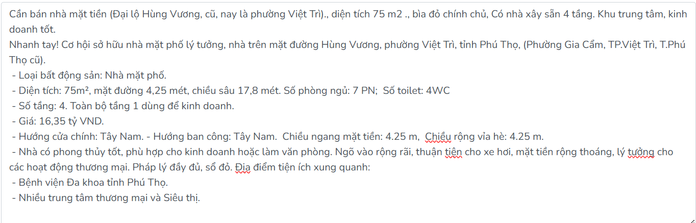 Cần bán nhà mặt tiền (Đại lộ Hùng Vương, cũ, nay là phường Việt Trì)