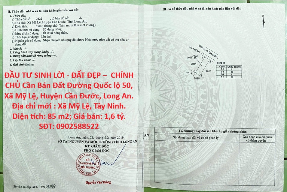 ĐẦU TƯ SINH LỜI - ĐẤT ĐẸP –  CHÍNH CHỦ Cần Bán Đất Đường Quốc lộ 50, Xã Mỹ Lệ, Huyện Cần Đước, Long An.