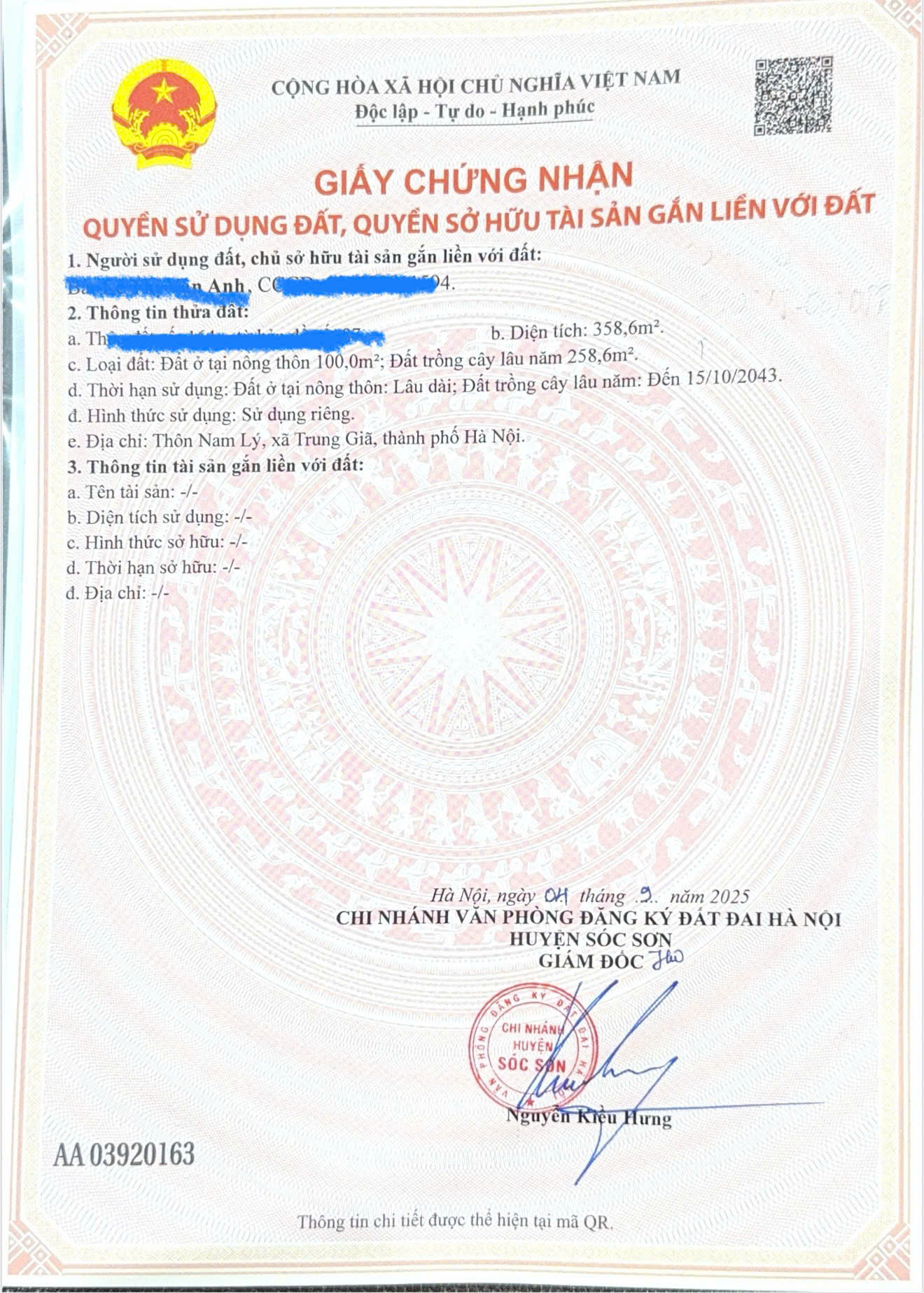 CHÍNH CHỦ BÁN LÔ ĐẤT ĐẸP 358M² – THỔ CƯ 100M² – NAM LÝ, TRUNG GIÃ, SÓC SƠN GIÁ 1 TỶ X-1