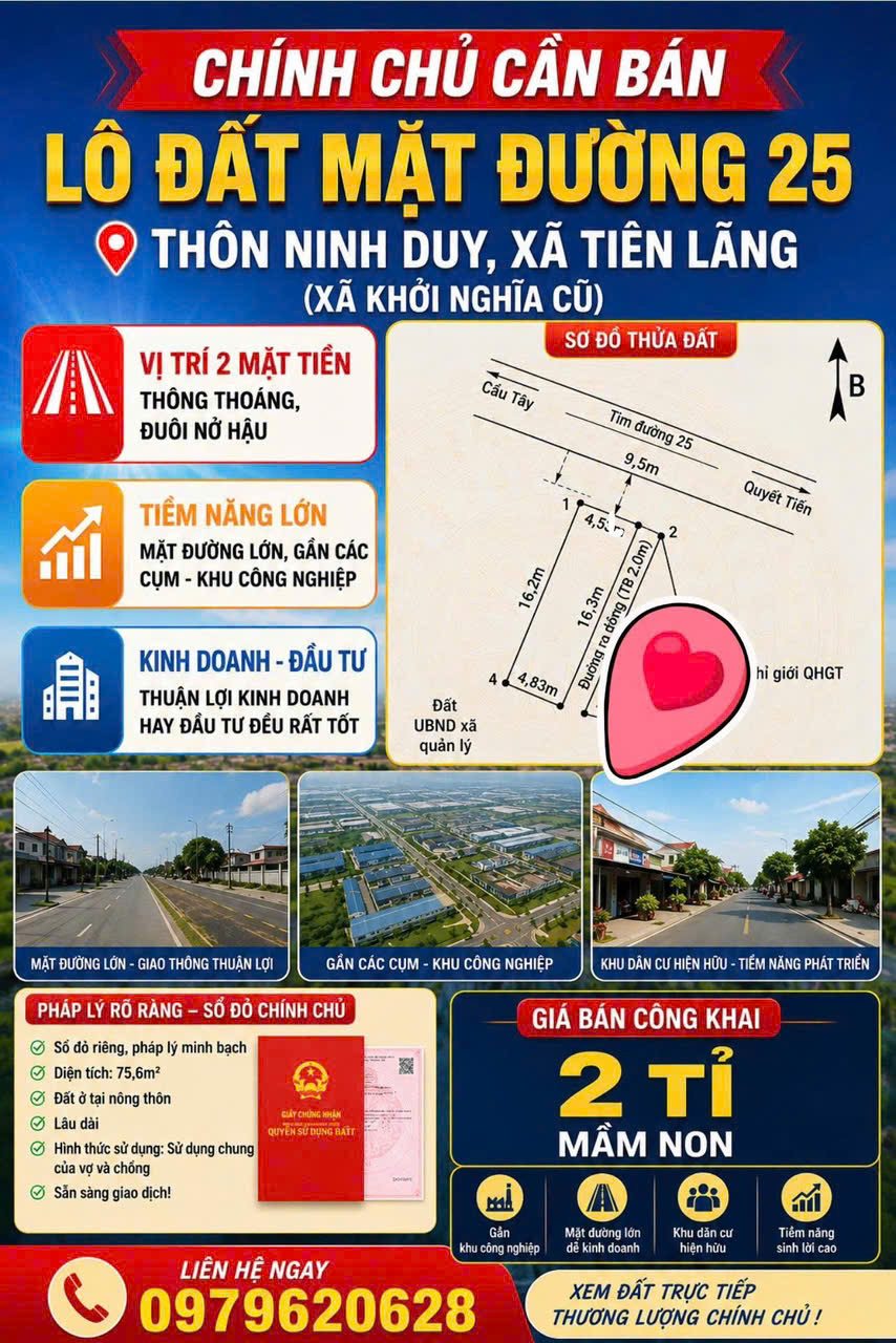 CHỈ HƠN 2 TỶ – SỞ HỮU NGAY LÔ ĐẤT 2 MẶT TIỀN ĐẸP TẠI TIÊN LÃNG, HẢI PHÒNG