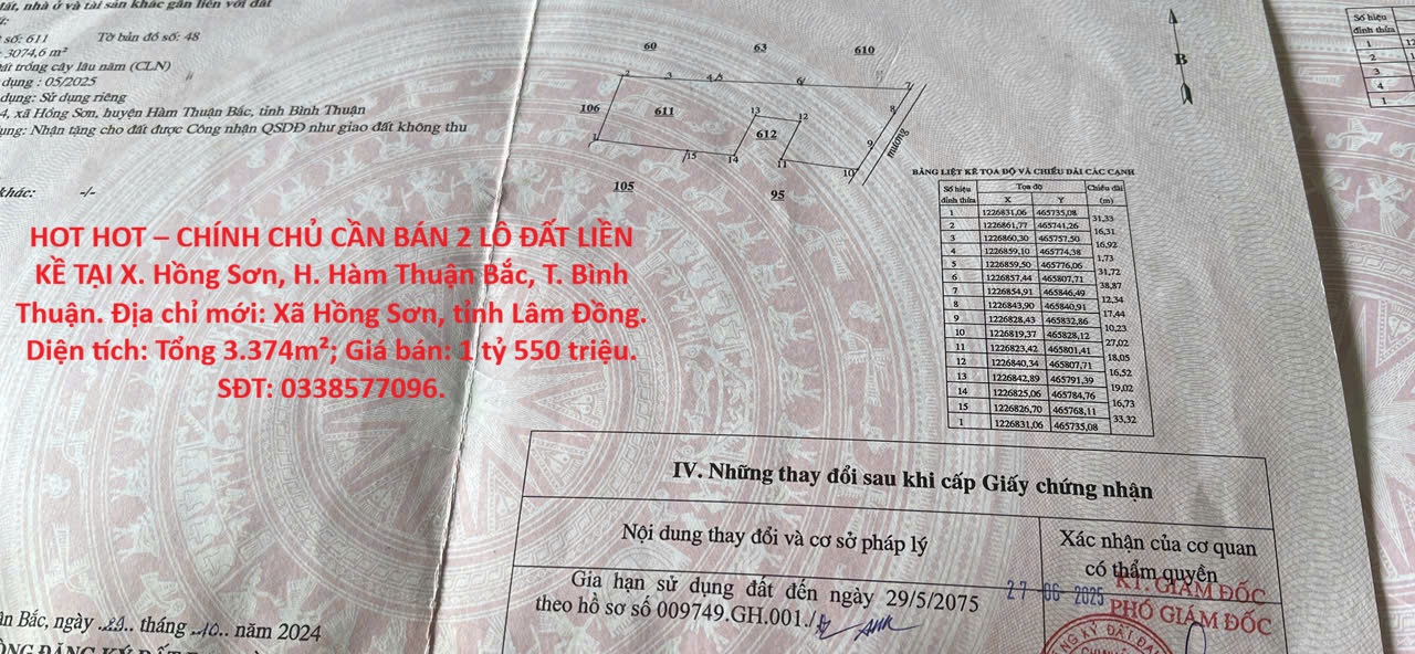 HOT HOT – CHÍNH CHỦ CẦN BÁN 2 LÔ ĐẤT LIỀN KỀ TẠI X. Hồng Sơn, H. Hàm Thuận Bắc, T. Bình Thuận