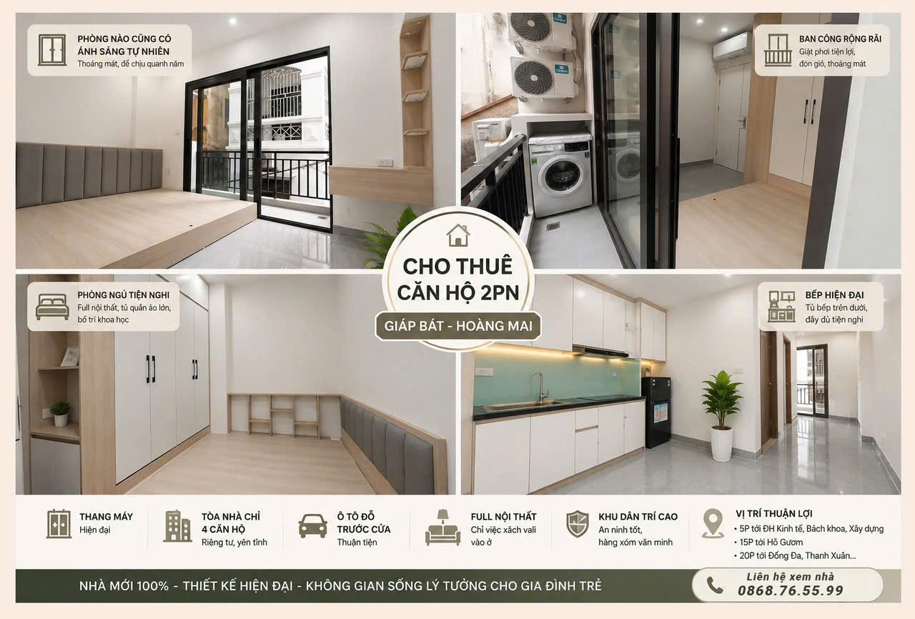 CHÍNH CHỦ CHO THUÊ CĂN HỘ 2PN MỚI 100% – GIÁP BÁT, HOÀNG MAI - VÀO Ở NGAY