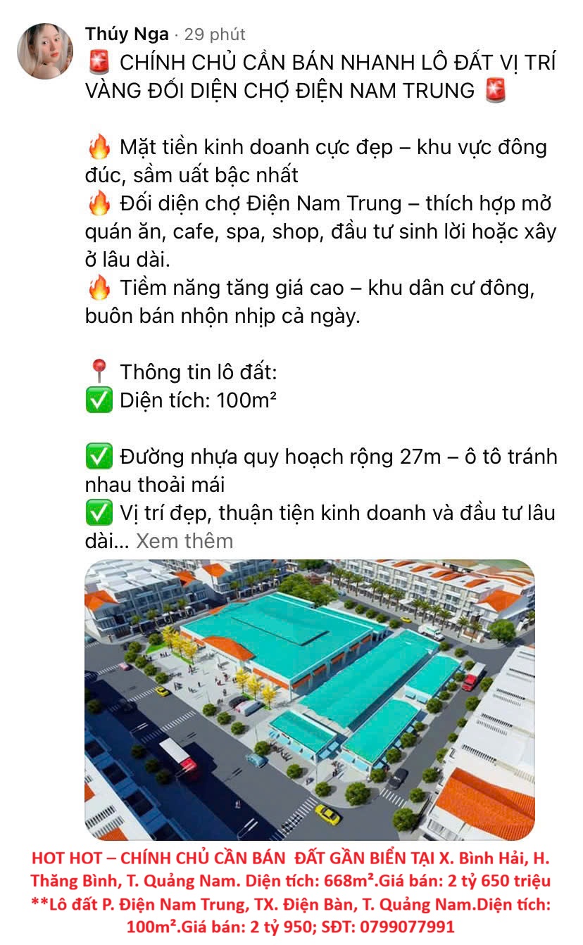 HOT HOT – CHÍNH CHỦ CẦN BÁN 2 LÔ ĐẤT GẦN BIỂN TẠI X. Bình Hải - TX. Điện Bàn, T. Quảng Nam.