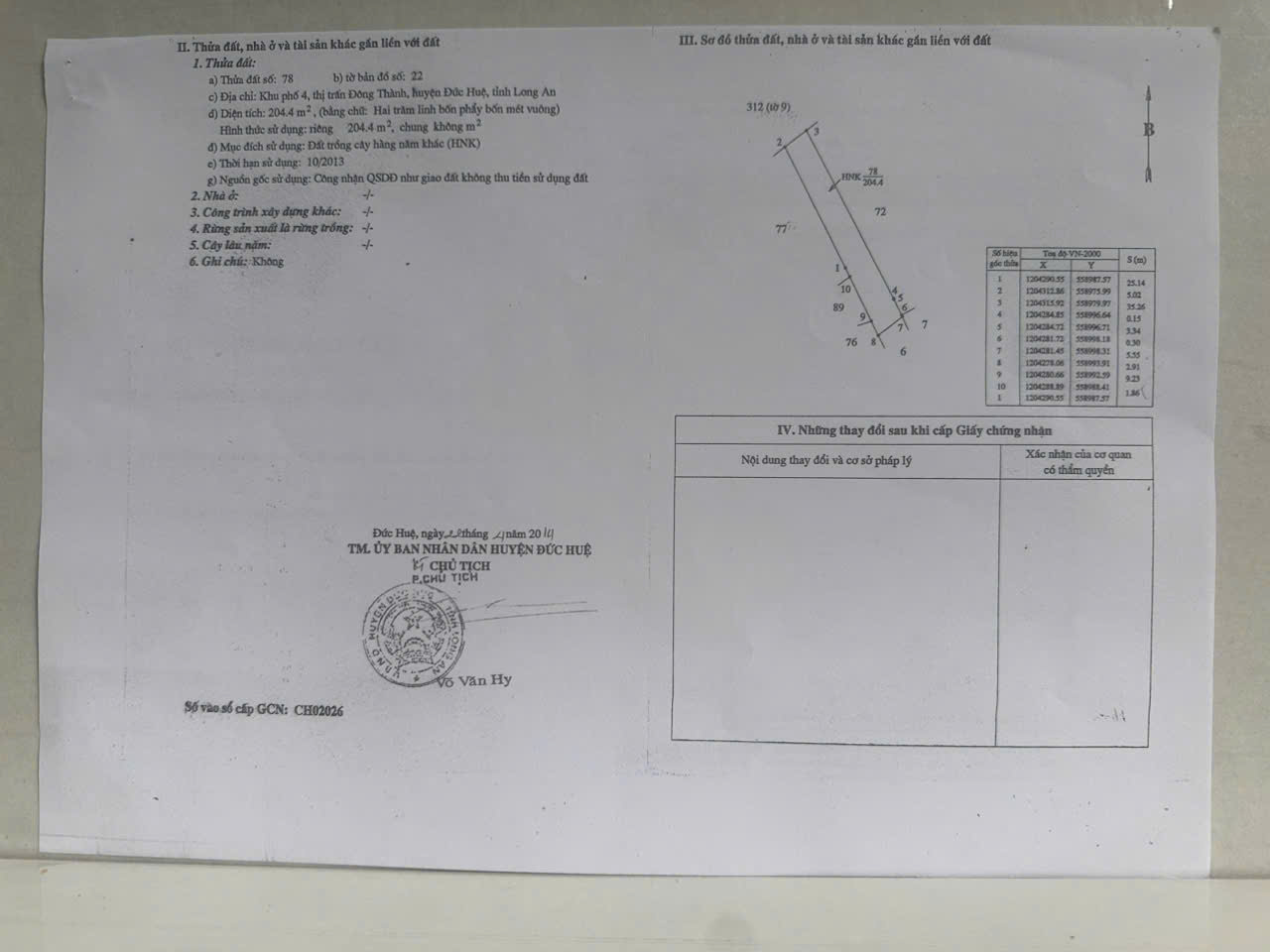 BÁN ĐẤT XÃ ĐỨC HUỆ - TÂY NINH MỚI. DT 10x80 SẴN SHR 4.5 TỶ. LH:0902414014