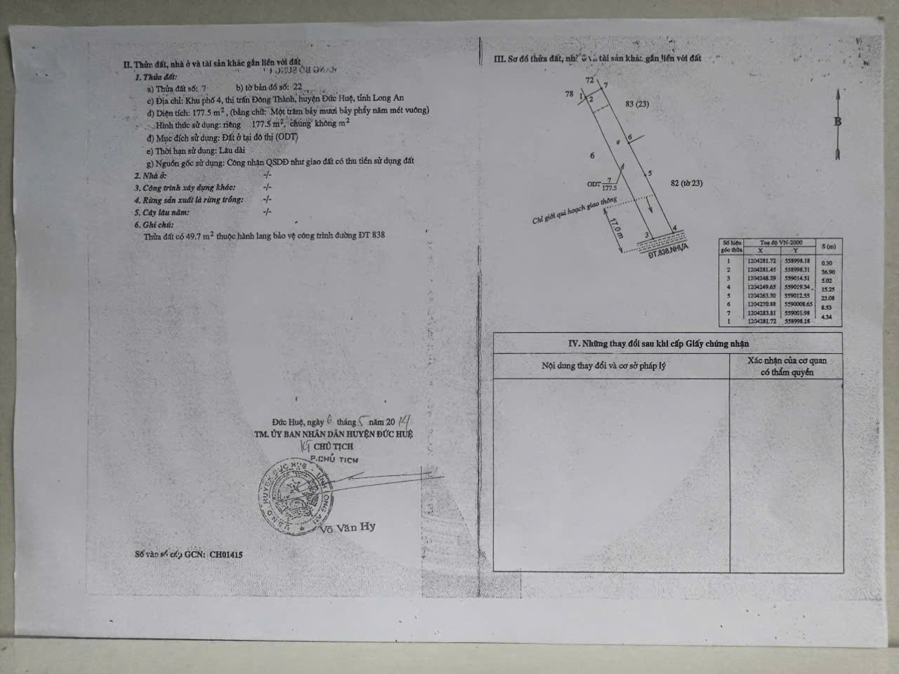 BÁN ĐẤT XÃ ĐỨC HUỆ - TÂY NINH MỚI. DT 10x80 SẴN SHR 4.5 TỶ. LH:0902414014