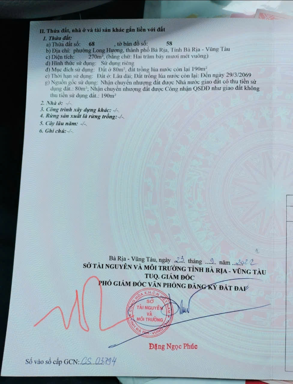 CHÍNH CHỦ HẠ GIÁ BÁN NHANH ĐẤT VÀNG Mặt Tiền Long Hương TRUNG TÂM TP. BÀ RỊA CŨ TIỀM NĂNG TĂNG GIÁ