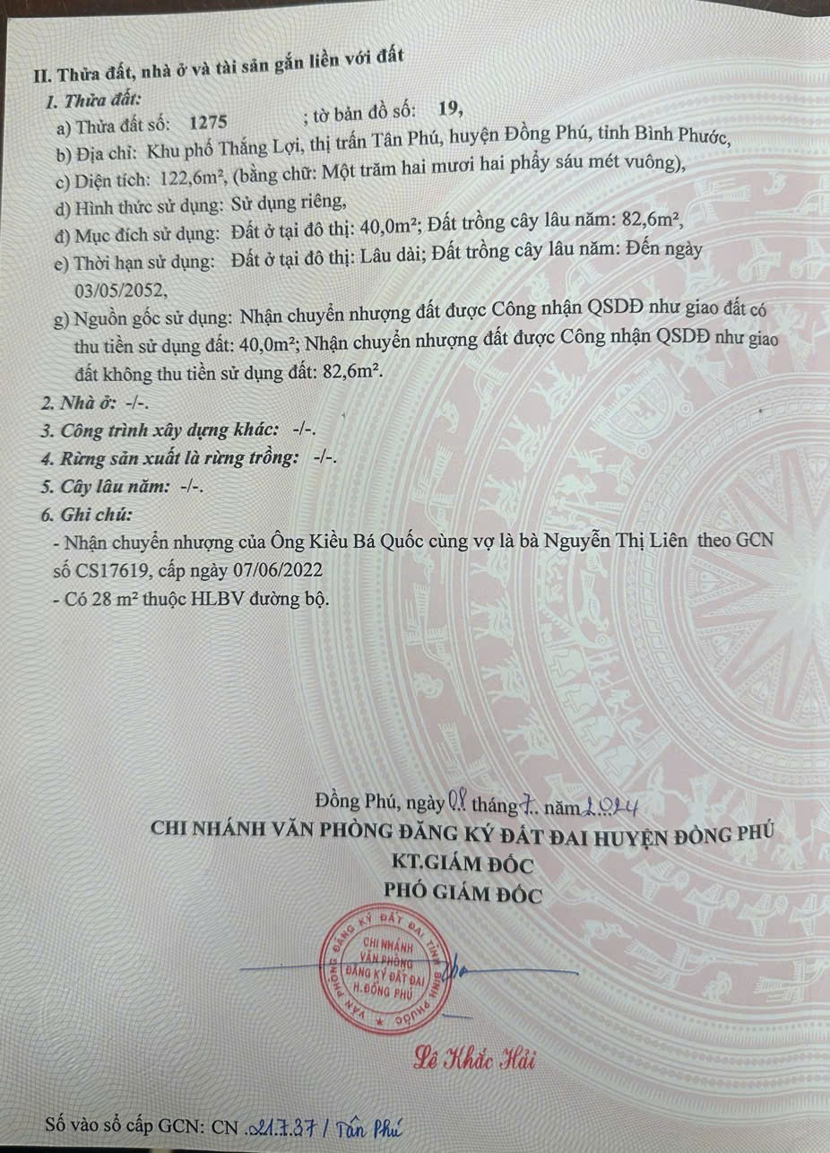 CẮT LỖ MẠNH – CHỦ KẸT TIỀN CẦN BÁN GẤP LÔ ĐẤT TẠI thị trấn Tân Phú, huyện Đồng Phú, tỉnh Bình Phước