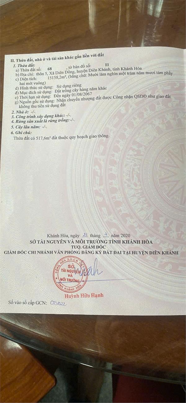 Chính chủ bán 1,5ha đất đẹp 2 mặt tiền diên đồng, diên khánh, khánh hòa