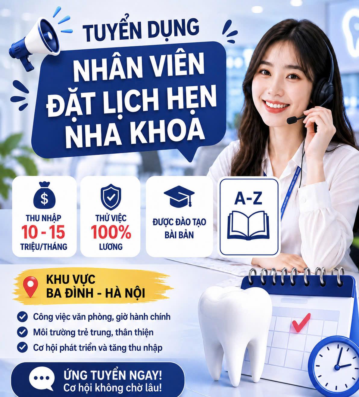 TUYỂN TELEMARKETING NHA KHOA – BA ĐÌNH + phụ cấp + hoa hồng KHÔNG GIỚI HẠN