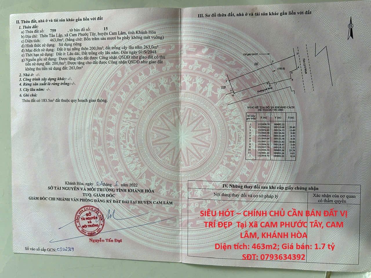 SIÊU HÓT – CHÍNH CHỦ CẦN BÁN ĐẤT VỊ TRÍ ĐẸP  Tại Xã CAM PHƯỚC TÂY, CAM LÂM, KHÁNH HÒA