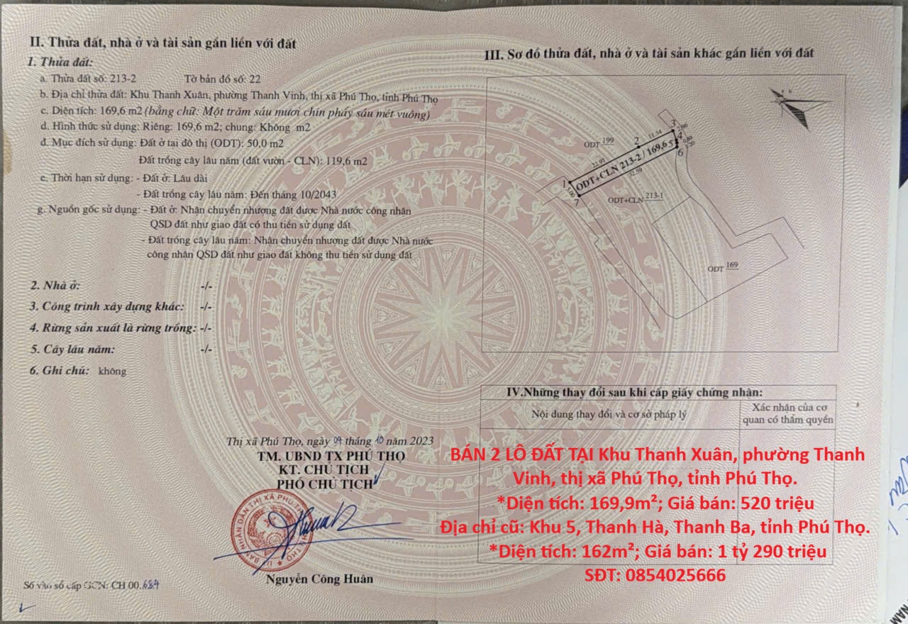 HOT HOT – CHÍNH CHỦ CẦN BÁN 2 LÔ ĐẤT TẠI TX. PHÚ THỌ VÀ H. THANH BA, tỉnh Phú Thọ.