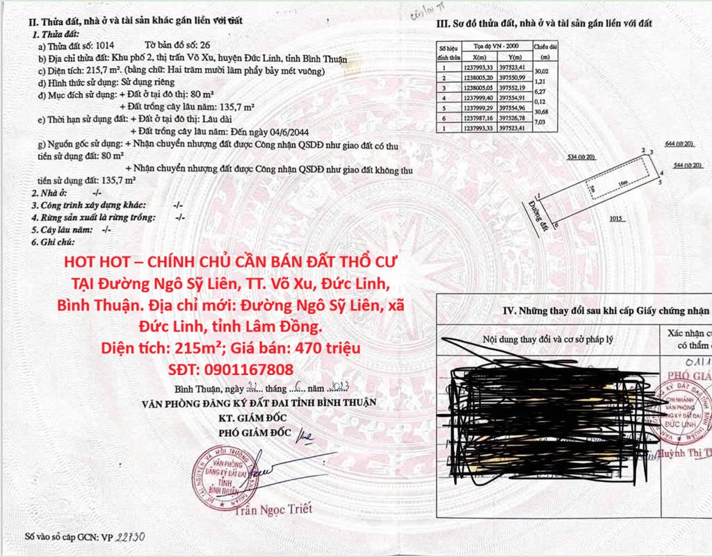 HOT HOT – CHÍNH CHỦ CẦN BÁN ĐẤT THỔ CƯ TẠI Đường Ngô Sỹ Liên, TT. Võ Xu, Đức Linh, Bình Thuận.