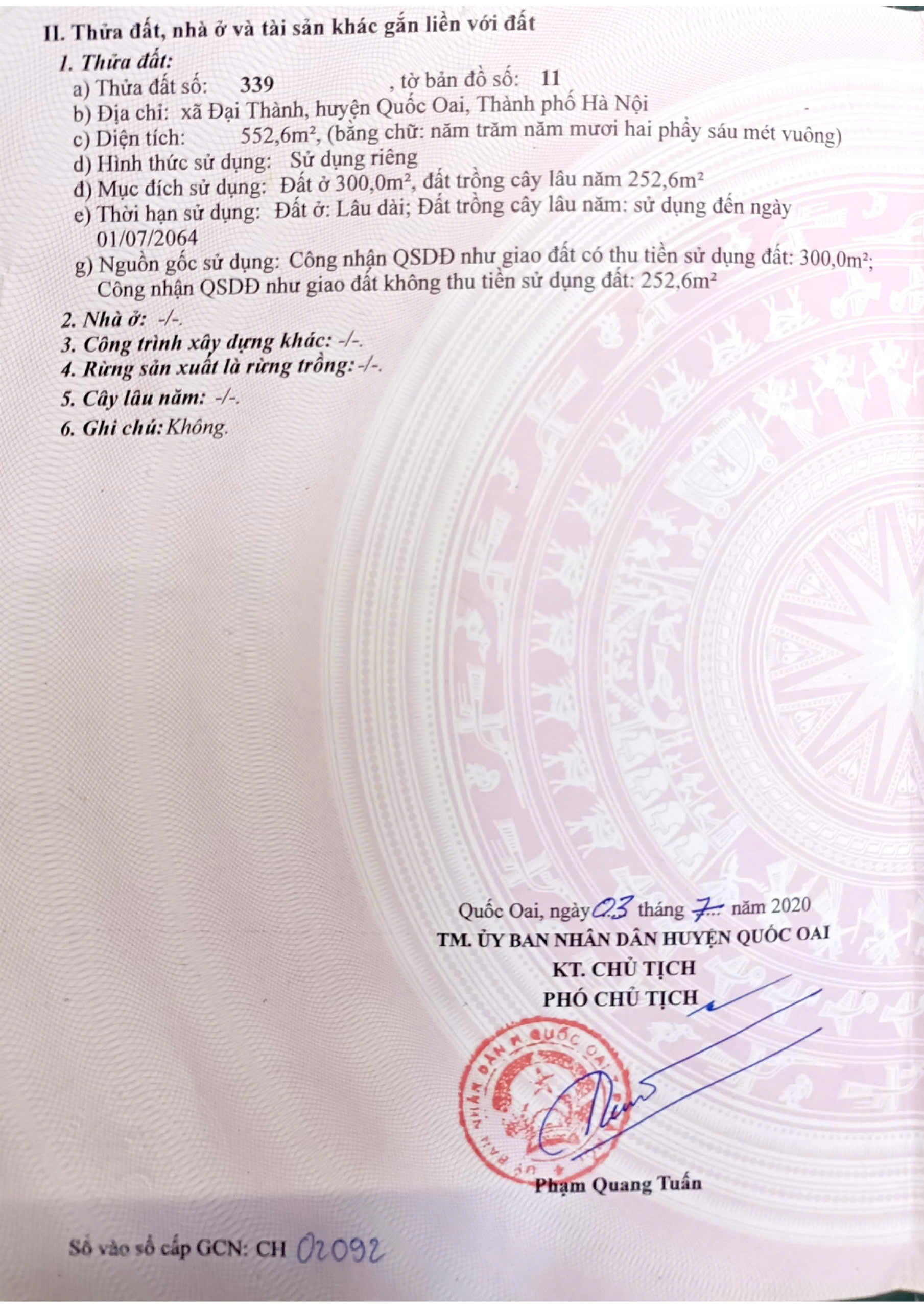 Bán đất Đại Thành, Quốc Oai. Diện tích 552m giá chỉ 20,5 tỷ