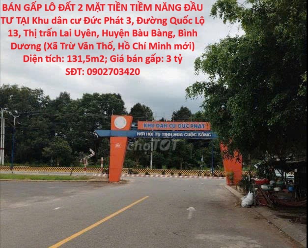 ĐẤT ĐẸP- GIÁ TỐT CHÍNH CHỦ BÁN GẤP LÔ ĐẤT 2 MẶT TIỀN TIỀM NĂNG ĐẦU TƯ TẠI  Bàu Bàng, Bình Dương