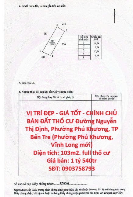 VỊ TRÍ ĐẸP - GIÁ TỐT - CHÍNH CHỦ BÁN ĐẤT THỔ CƯ Đường Nguyễn Thị Định, Phường Phú Khương, TP Bến Tre
