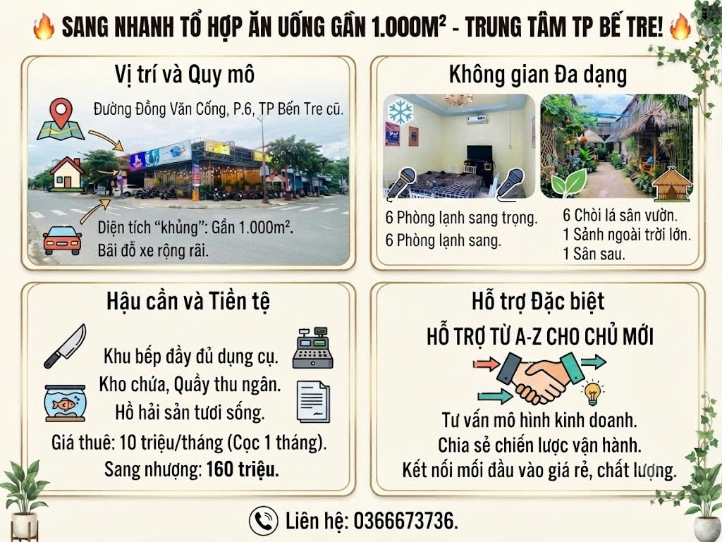SANG NHANH TỔ HỢP ĂN UỐNG GẦN 1.000M² NGAY TRUNG TÂM TP BẾN TRE Vị trí đắc địa: Đường Đồng Văn Cống, Phường 6, TP Bến Tre cũ