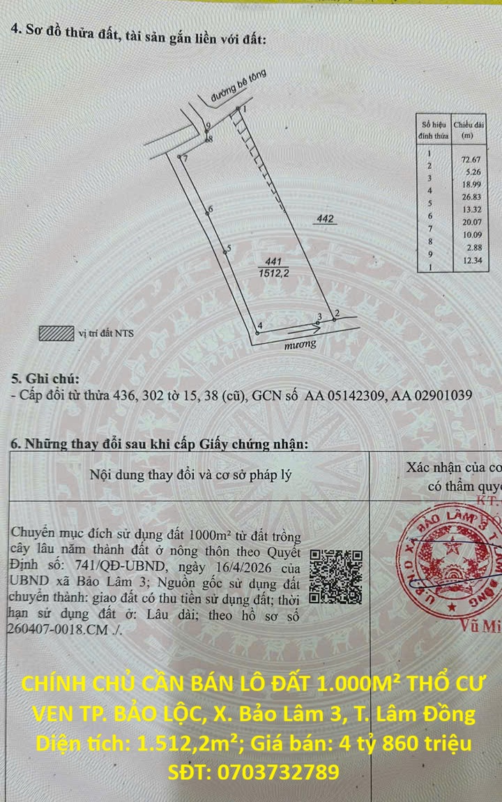 HOT HOT – CHÍNH CHỦ CẦN BÁN LÔ ĐẤT 1.000M² THỔ CƯ VEN TP. BẢO LỘC, X. Bảo Lâm 3, T. Lâm Đồng