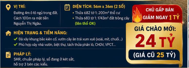 CHỦ GIẢM NGAY 1 TỶ – GIÁ CHÀO MỚI CHỈ 24 TỶ  ĐẤT VƯỜN 1/ BÙI THỊ LÙNG 1.943M²-4