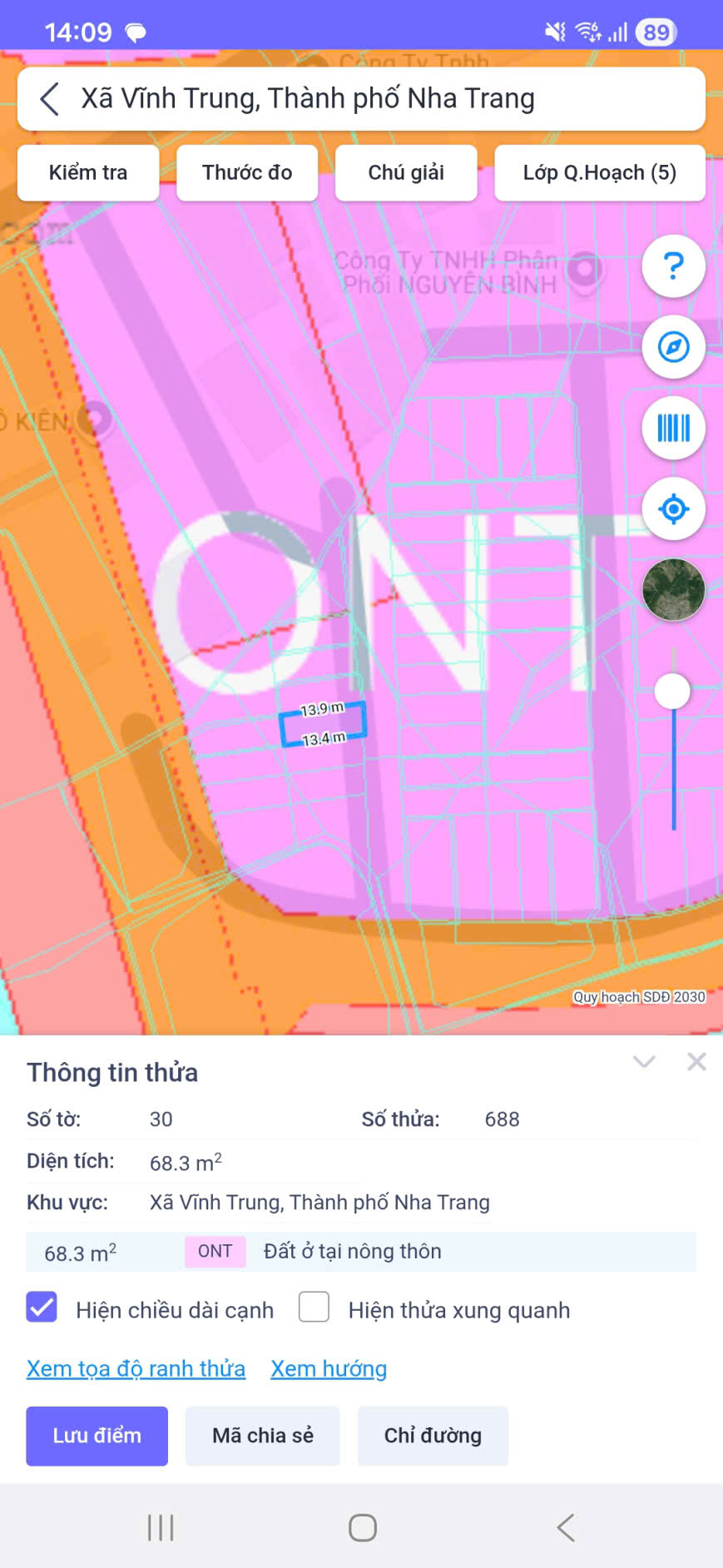 Bán đất Thôn Võ Đông, Xã Vĩnh Trung (cũ), Nha Trang 1,5 tỷ/68,3m2