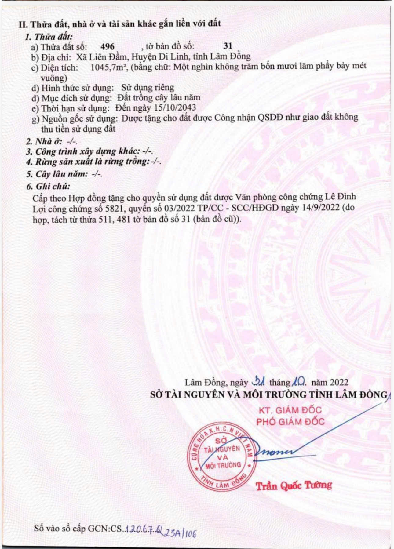 CẦN BÁN LÔ  ĐẤT ĐẸP CHÍNH CHỦ XÃ LIÊN ĐẦM, HUYỆN DI LINH, LÂM ĐỒNG – 1.045m² – CÓ 200m² THỔ CƯ-3