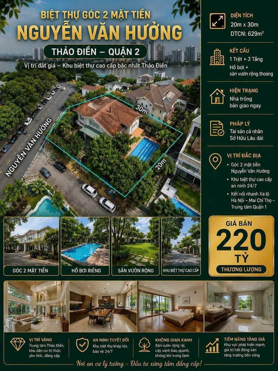 – BIỆT THỰ GÓC NGUYỄN VĂN HƯỞNG, THẢO ĐIỀN ▪️ Diện tích: 629m²