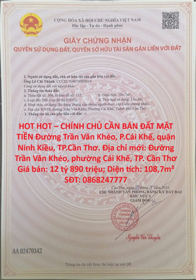 HOT HOT – CHÍNH CHỦ CẦN BÁN ĐẤT MẶT TIỀN Đường Trần Văn Khéo, P.Cái Khế, quận Ninh Kiều, TP.Cần Thơ