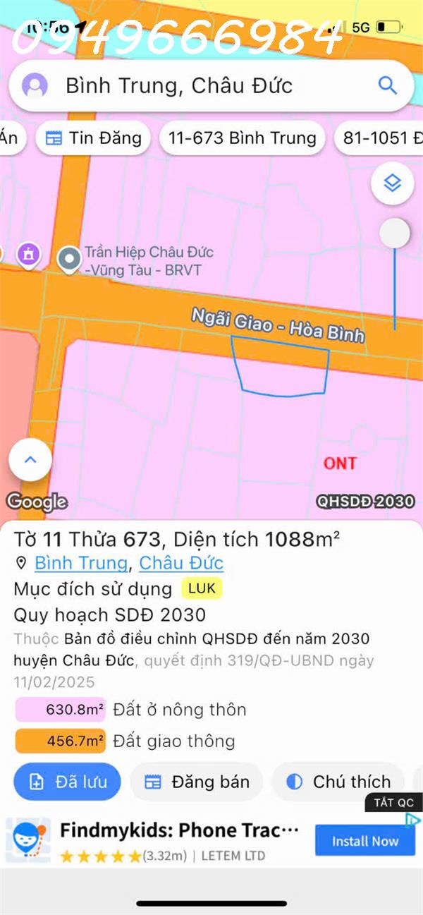 BÁN ĐẤT MẶT TIỀN MỸ XUÂN – NGÃI GIAO (BÌNH TRUNG, CHÂU ĐỨC)