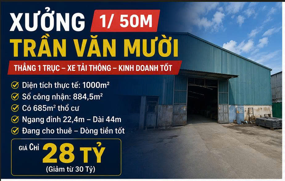 Bán gấp Đất 1000m2 Trần Văn Mười, Hóc Môn. Dòng tiền tốt, giá 28 tỷ.