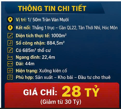 Bán gấp Đất 1000m2 Trần Văn Mười, Hóc Môn. Dòng tiền tốt, giá 28 tỷ.-4