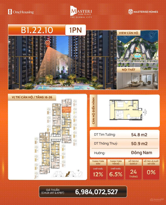 Chính chủ cần tiền cắt lỗ 400tr bán nhanh căn 1PN dự án Masteri Park Place