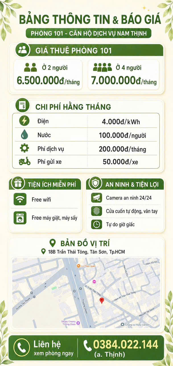 CHO THUÊ PHÒNG 45M² FULL NỘI THẤT – TÂN BÌNH, HỒ CHÍ MINH - 6TR500
