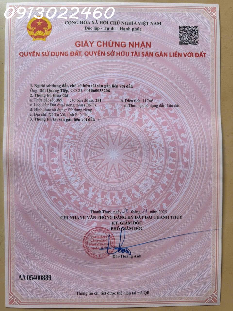 CHUYỂN NHƯỢNG LÔ 227M2 ĐẤT TẠI XÃ TU PHÚ, THANH THỦY, PHÚ THỌ