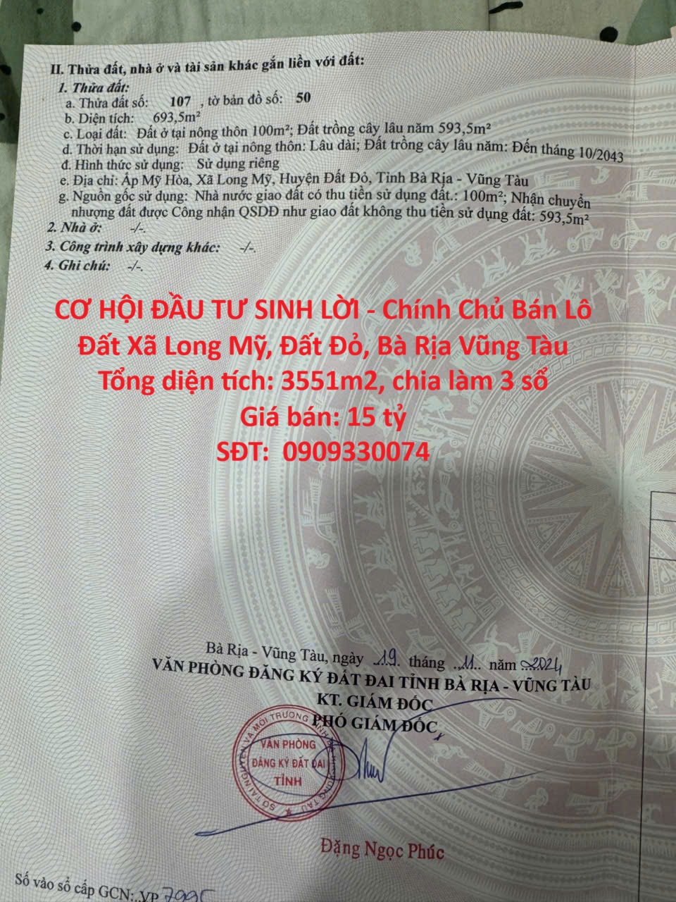 CƠ HỘI ĐẦU TƯ SINH LỜI - Chính Chủ Bán Lô Đất Xã Long Mỹ, Đất Đỏ, Bà Rịa Vũng Tàu